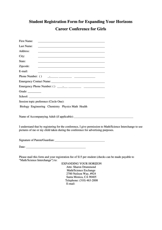 Student Registration Form For Expanding Your Horizons Career Printable pdf