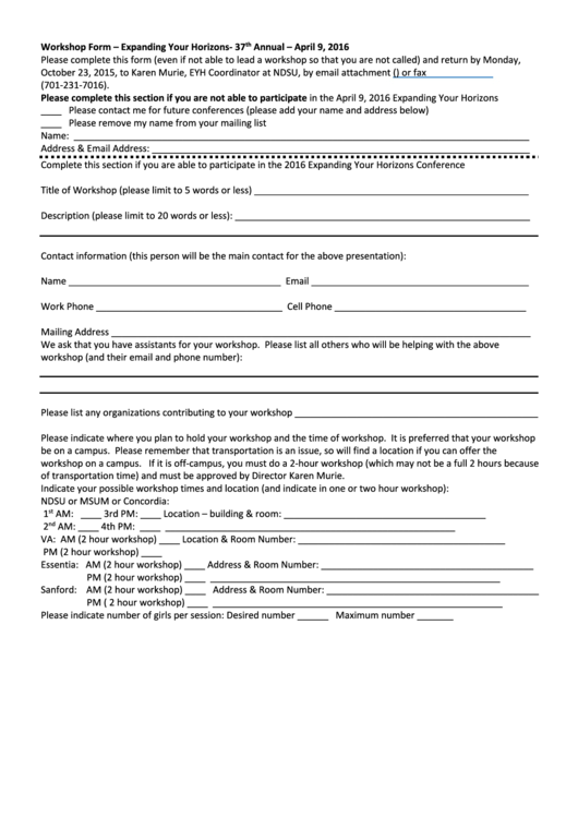 Workshop Form Expanding Your Horizons Printable pdf