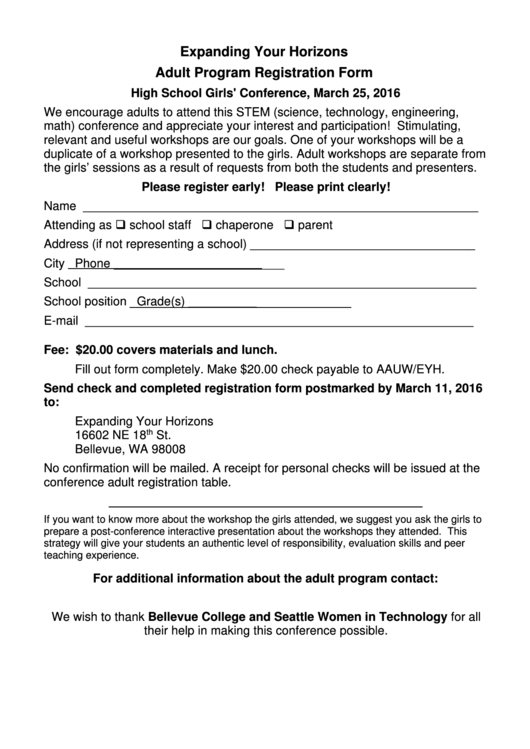 Expanding Your Horizons Adult Program Registration Form Printable pdf
