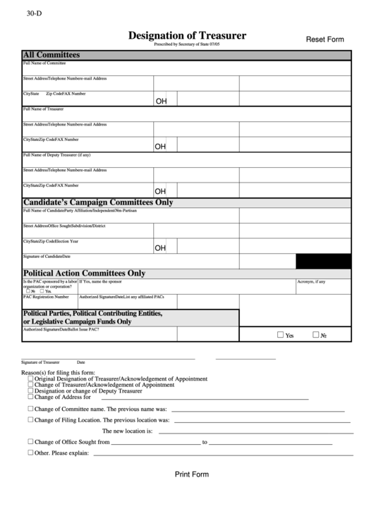Fillable 30-D - Designation Of Treasurer Form Printable pdf