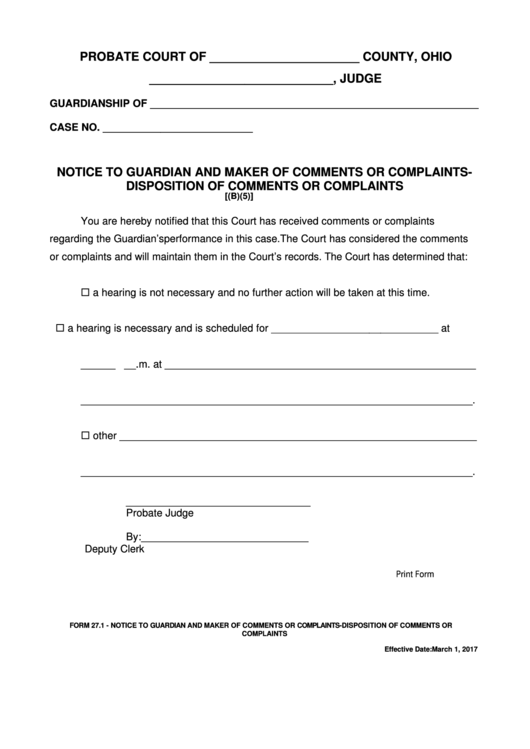 Ohio Probate Form - Notice To Guardian And Maker Of Comments Or Complaintsdisposition Of Comments Or Complaints