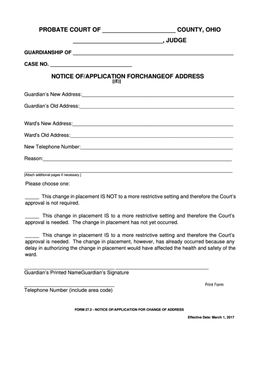 Fillable Ohio Probate Form - Notice Of/application For Change Of Address Printable pdf