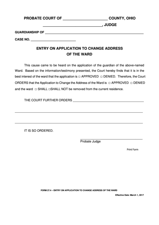 Fillable Ohio Probate Form - Entry On Application To Change Address Of The Ward Printable pdf