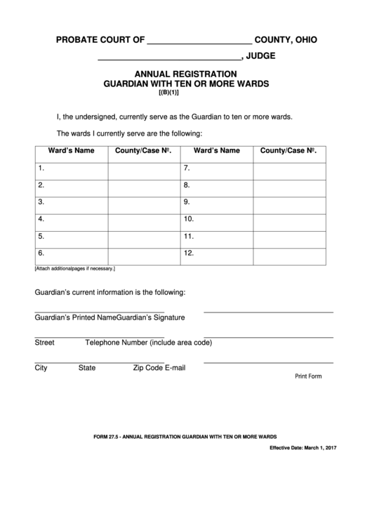 Fillable Ohio Probate Form - Annual Registration Guardian With Ten Or More Wards Printable pdf