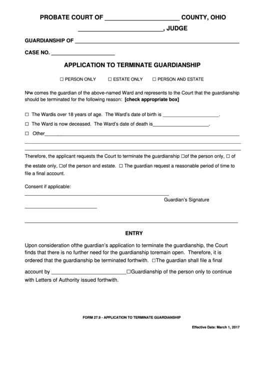 Fillable Ohio Probate Form - Application To Terminate Guardianship Printable pdf