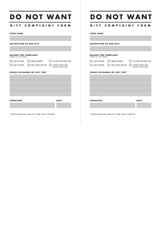 Gift Complaint Form Printable pdf