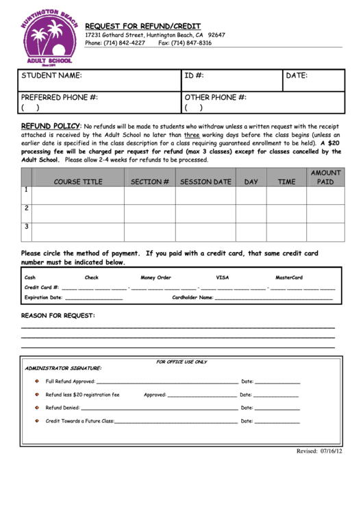 Refund Form - Huntington Beach Adult School Printable pdf