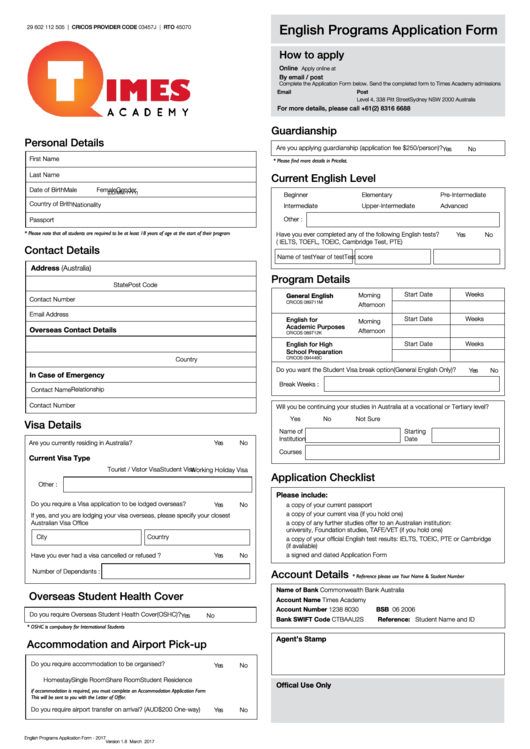 Fillable Enrolment Form - Times Academy Printable pdf
