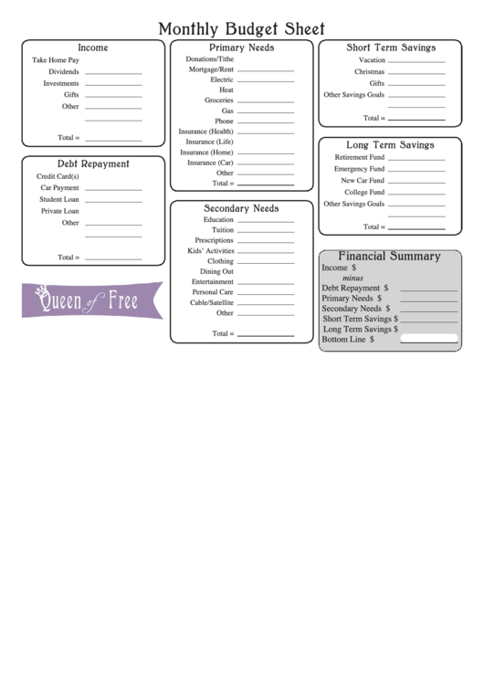 Monthly Budget Template With Money Expenditure Log Printable pdf