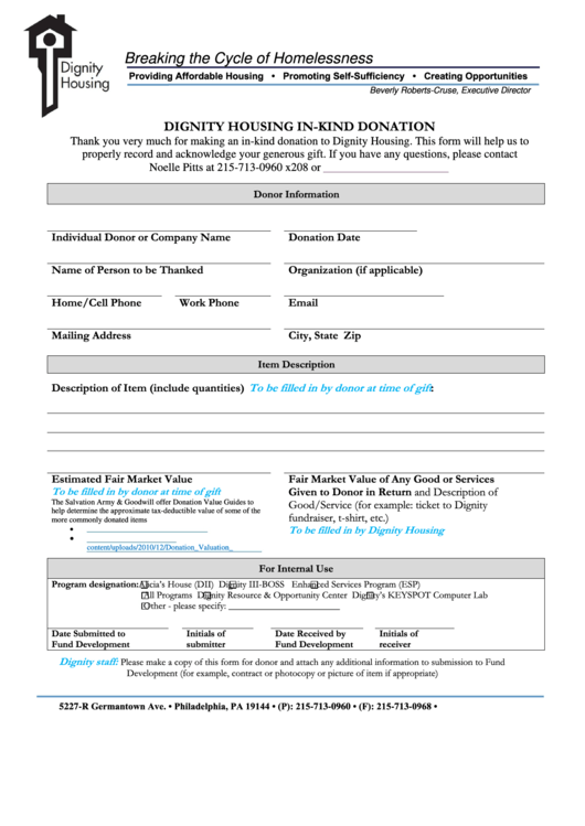 In Kind Donation Form - Dignity Housing Printable pdf