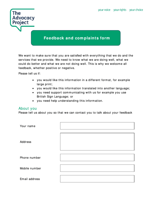 Feedback And Complaints Form - The Advocacy Project Printable pdf