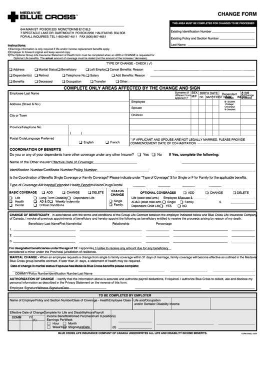 Medavie Blue Cross Change Form Printable Pdf Download