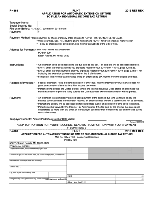 F-4868 - Flint - Application For Automatic Extension Of Time To File An Individual Income Tax Return