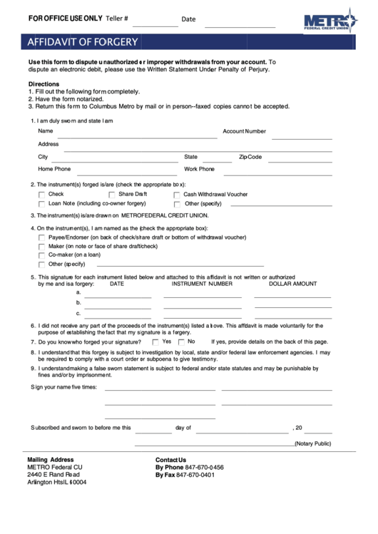 Affidavit Of Forgery - Metro Federal Credit Union Printable pdf
