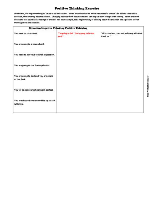 Fillable Positive Thinking Exercise Printable pdf