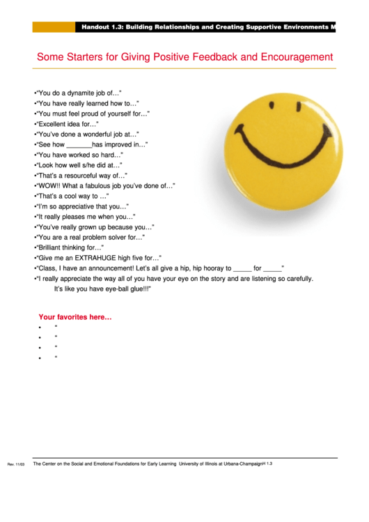 Starters For Giving Positive Feedback And Encouragement Printable pdf
