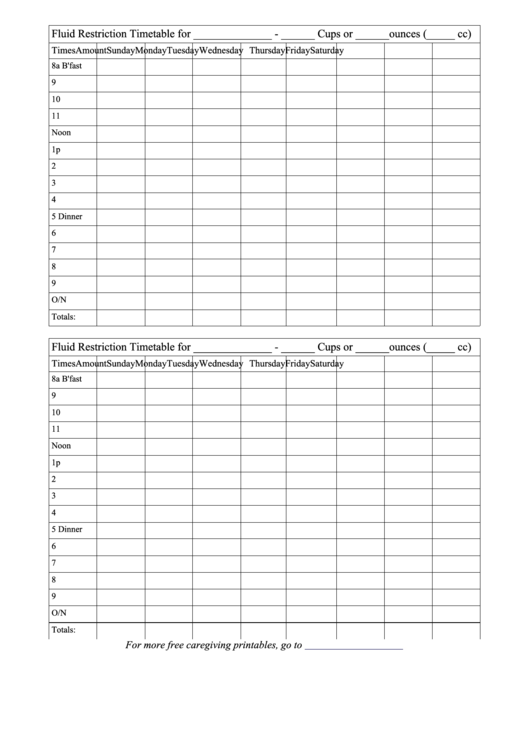 Fluid Restriction Timetable printable pdf download