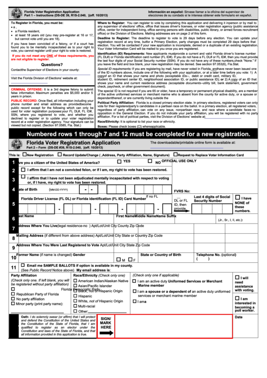 Fillable Florida Voter Registration Application Printable pdf