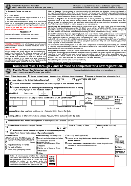 Fillable Florida Voter Registration Application Printable Pdf Download