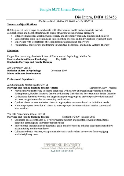 Sample Mft Trainee Resume Printable pdf