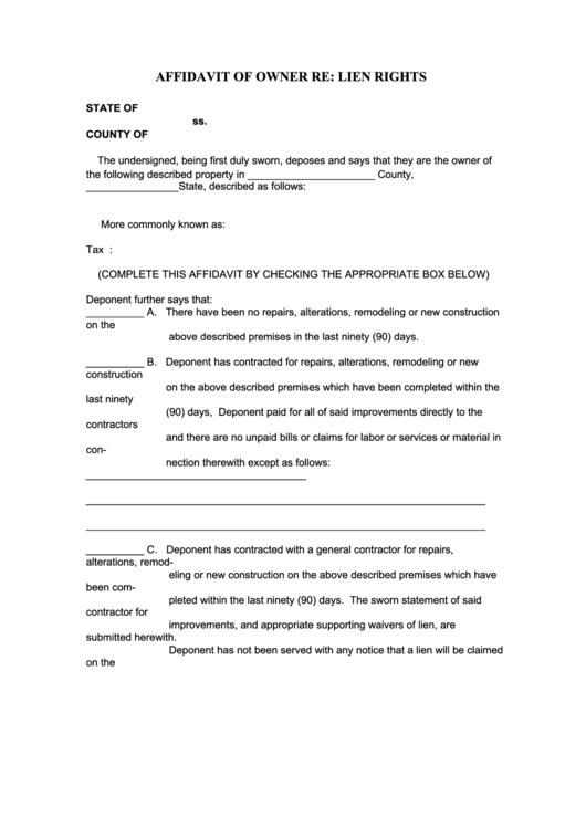 Affidavit Of Owner Re: Lien Rights Template Printable pdf