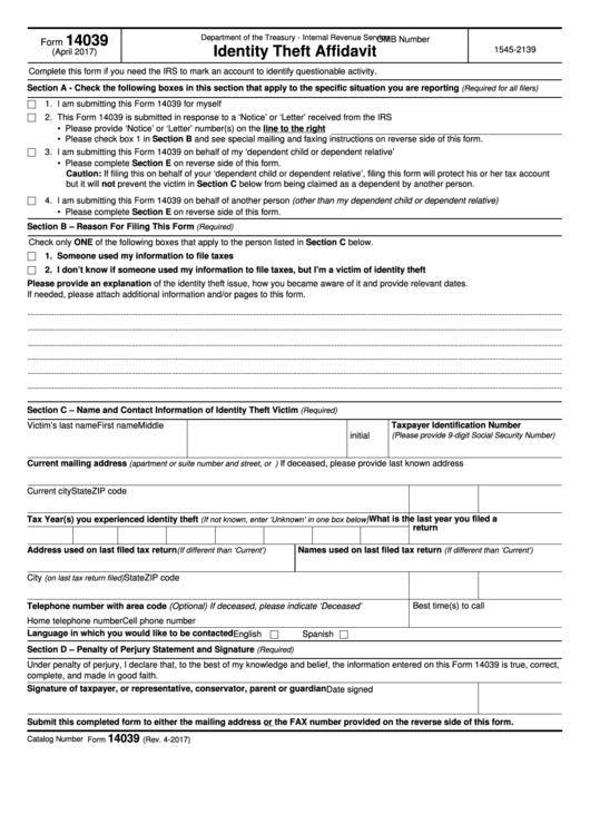 Fillable Form 14039 - Identity Theft Affidavit Printable pdf
