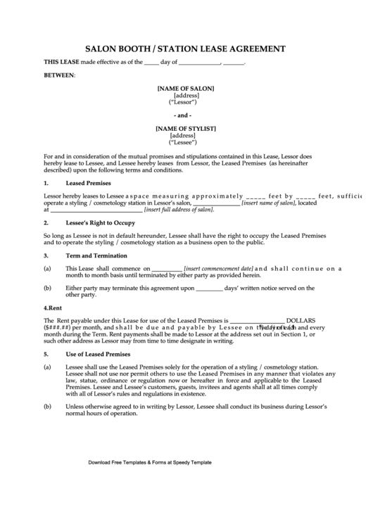 Salon Booth/station Lease Agreement Template Printable pdf