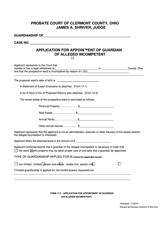 Fillable Application For Appointment Of Guardian Of Alleged Packet Printable pdf