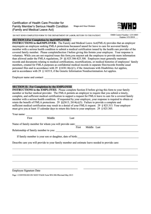 Fillable Form Wh-380-F - Certification Of Health Care Provider For Family Member