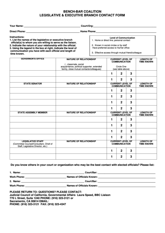 Legislative And Executive Contact Form Printable pdf