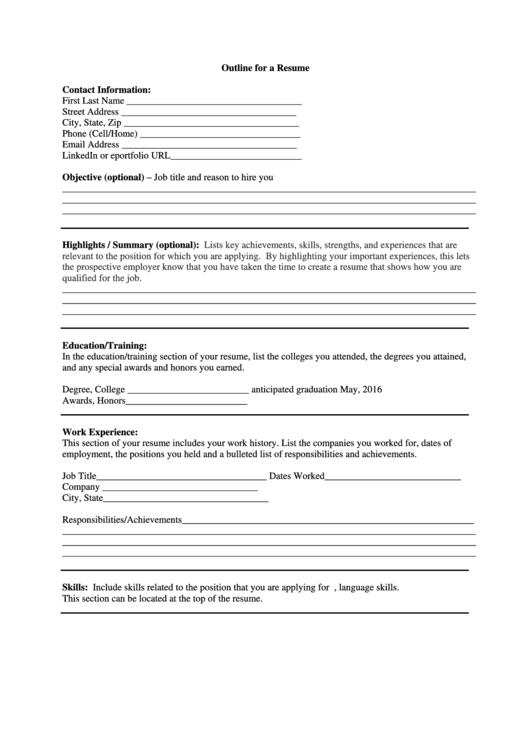 Outline For A Resume Printable pdf