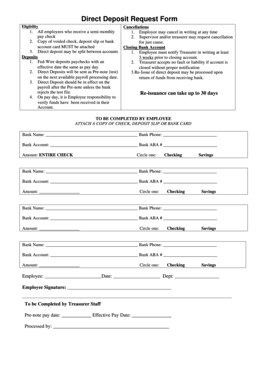 Direct Deposit Request Form Printable pdf