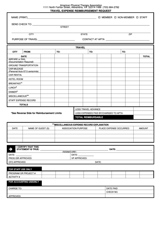 Travel Expense Reimbursement Request Form Printable pdf