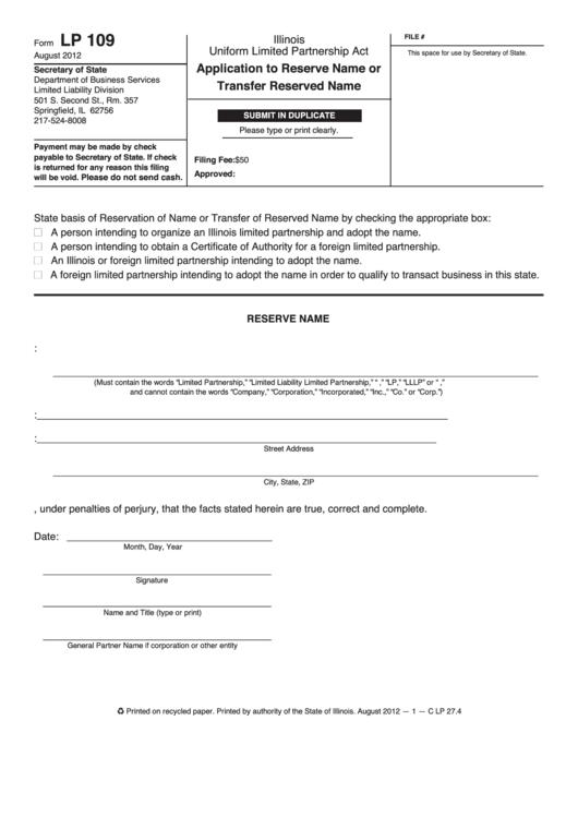 Fillable Form Lp 109 - Application To Reserve Name Or Transfer Reserved Name Printable pdf
