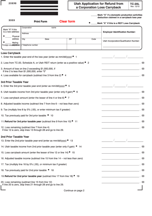 Fillable Form Tc-20l - Utah Application For Refund From A Corporation Loss Carryback - 2010 Printable pdf