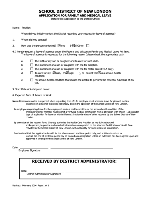 School District Of New London Application For Family And Medical Leave Form