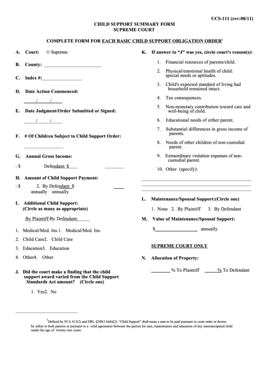 Child Support Summary Form Printable pdf