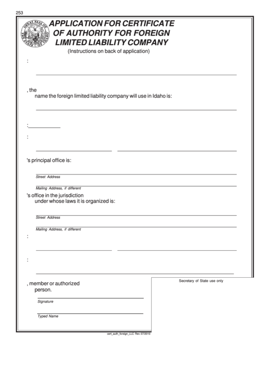 Fillable Application For Certificate Of Authority For Foreign Limited Liability Company - Secretary Of State Printable pdf