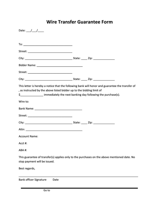 Wire Transfer Guarantee Form Printable pdf