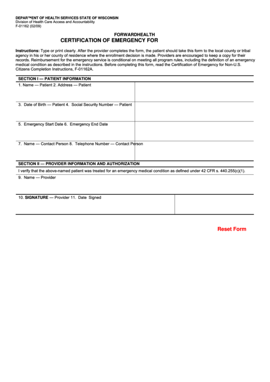 Fillable Certification Of Emergency For Non-U.s. Citizens Printable pdf