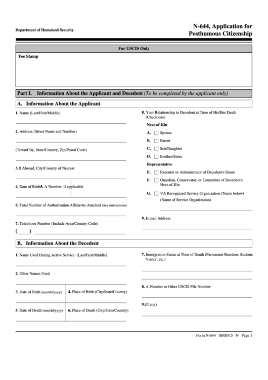 Form N-644 - Application For Posthumous Citizenship - Uscis Printable pdf