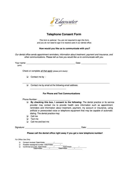 Telephone Consent Form Printable pdf