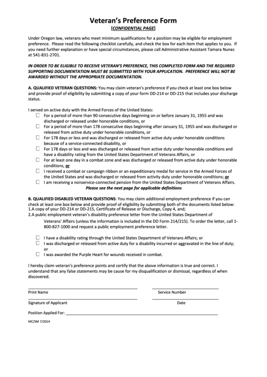 Veterans Preference Form Printable pdf
