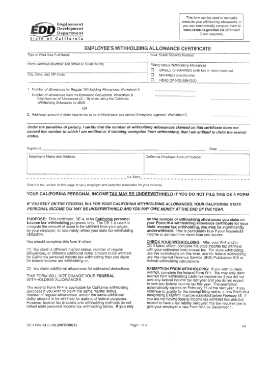 Employees Withholding Allowance Certificate Printable pdf