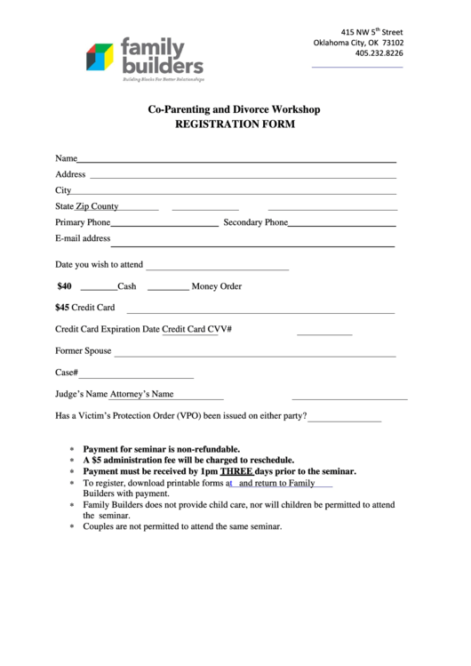 Co-Parenting Through Divorce Registration Form - Family Builders Printable pdf