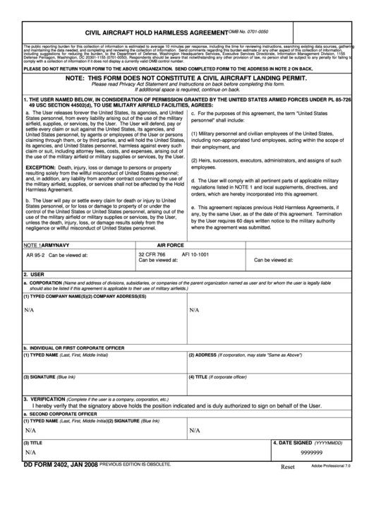 Dd Form 2402 - Civil Aircraft Hold Harmless Agreement Printable pdf