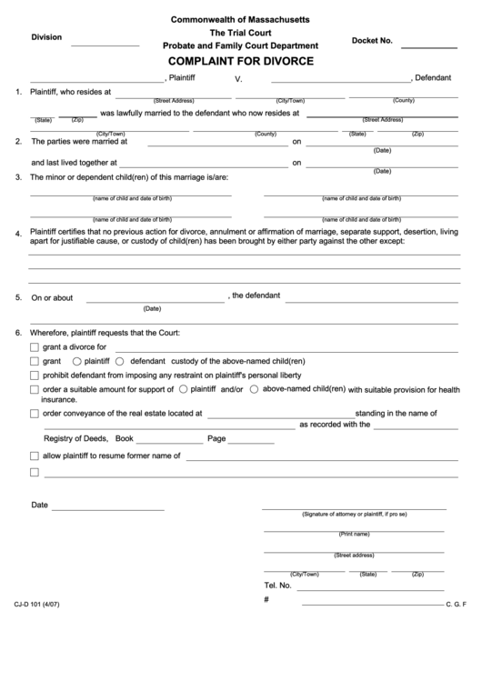 Fillable Form Cj-D 101 (4/07) - Complaint For Divorce Printable pdf