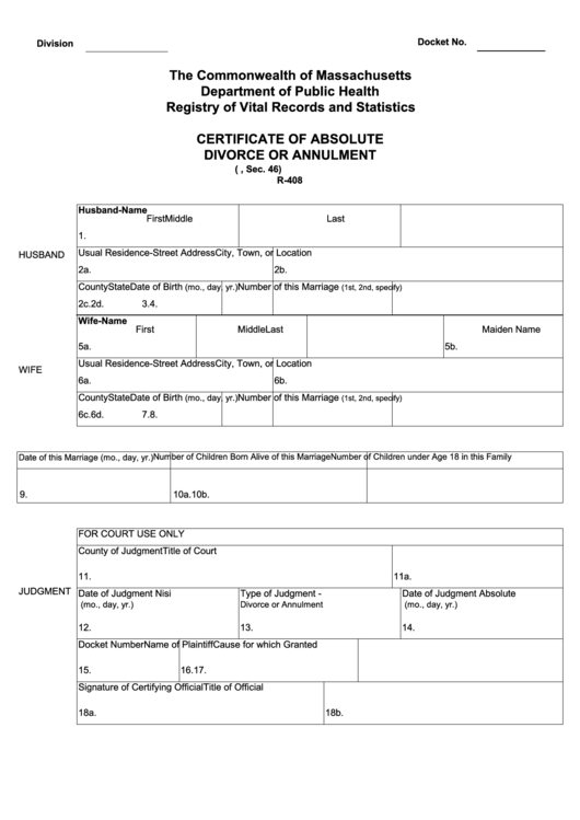 Fillable The Commonwealth Of Massachusetts - Certificate Of Absolute Divorce Or Annulment Template Printable pdf