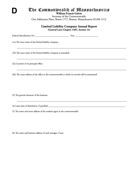 Fillable Limited Liability Company Annual Report Form - The Commonwealth Of Massachusetts Printable pdf