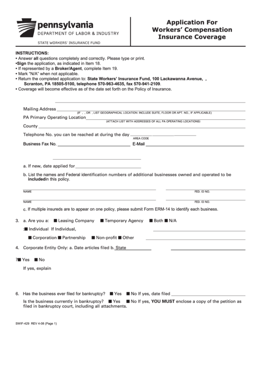 Fillable State Workers Insurance Application printable pdf ...